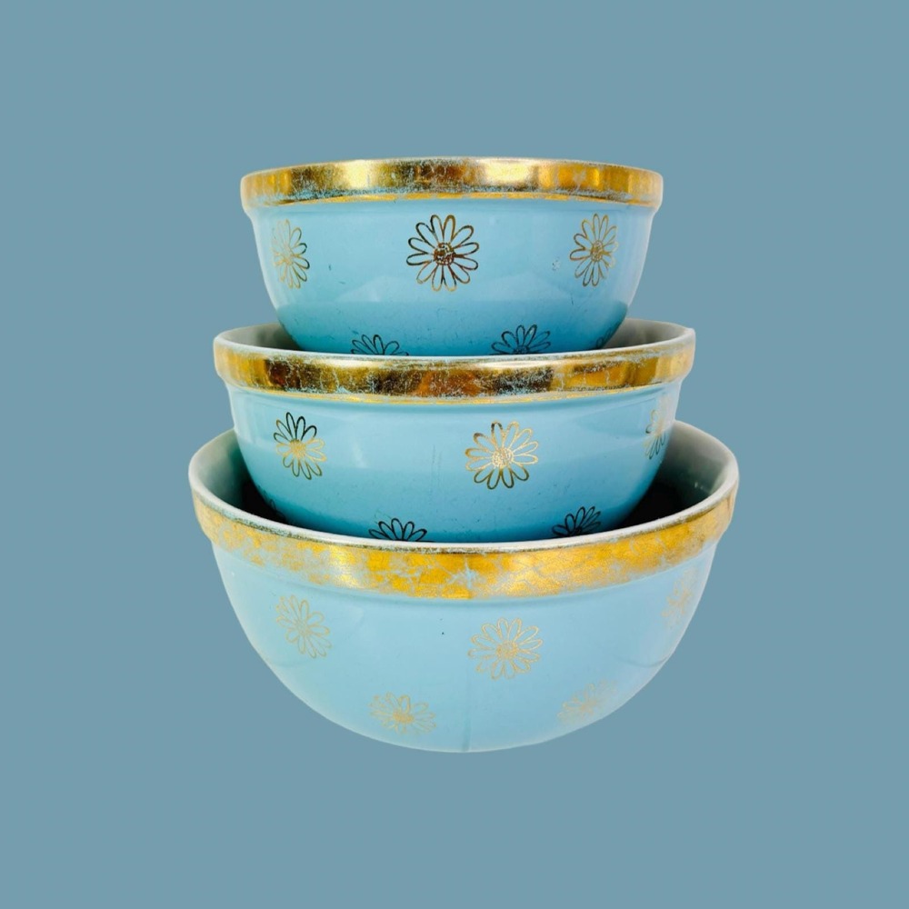 Vintage Hall China Nesting Bowls, Blue and Gold Daisy, Set of 3